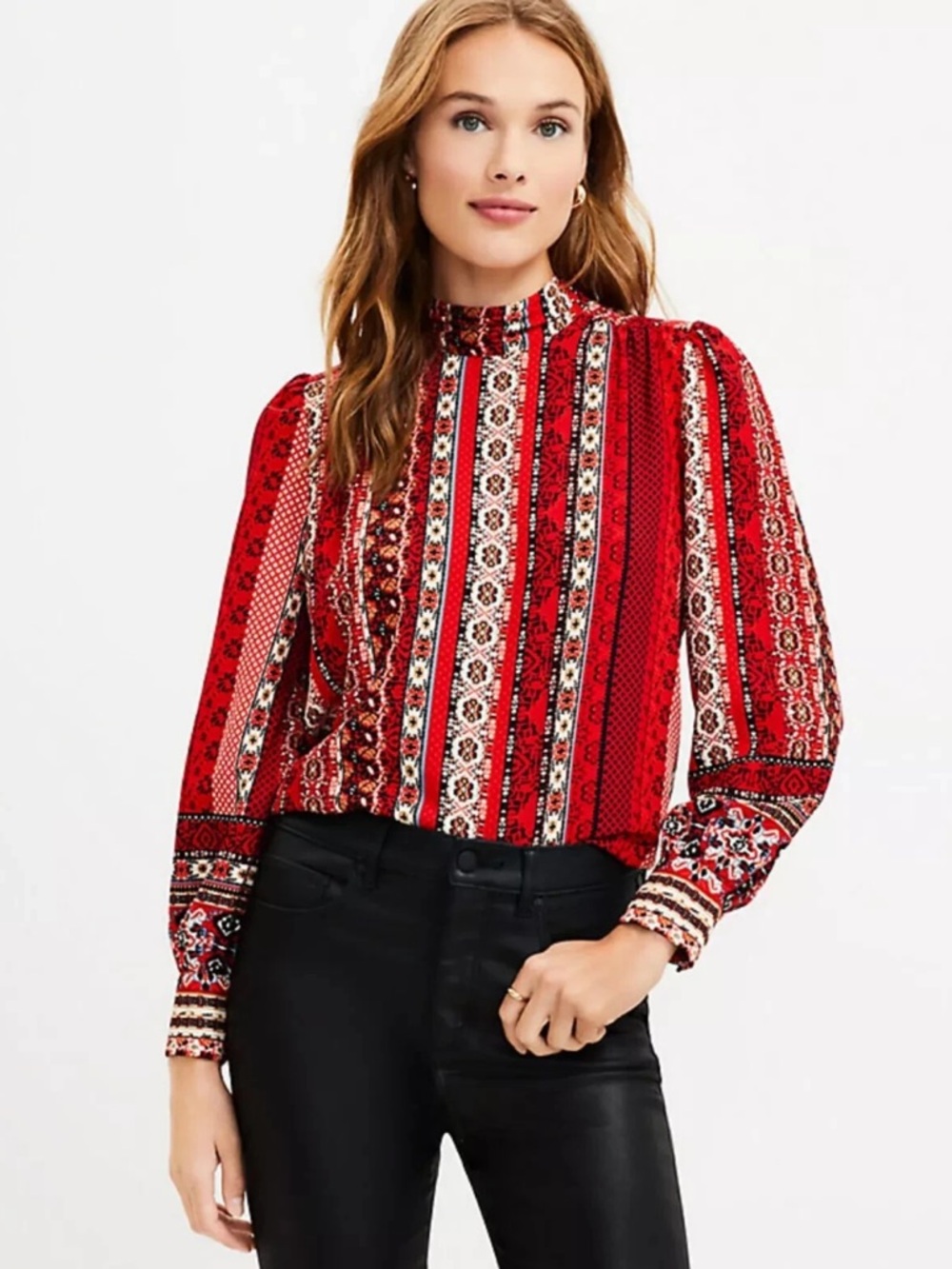 LOFT Red Tie-Back Mock Neck Blouson Sleeve Blouse Medium‎ Retro Boho Workwear